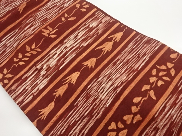 手織り紬変わり横段に花葉模様名古屋帯